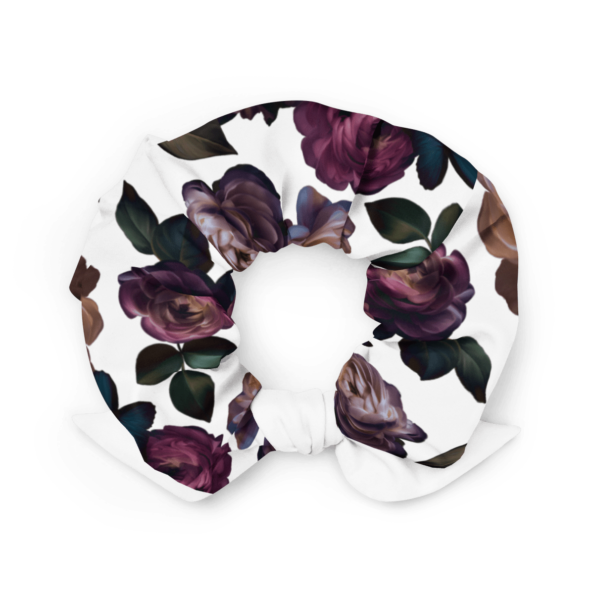 A white fabric scrunchie featuring a dark purple floral rose pattern with green leaves, shown on a clean white background.