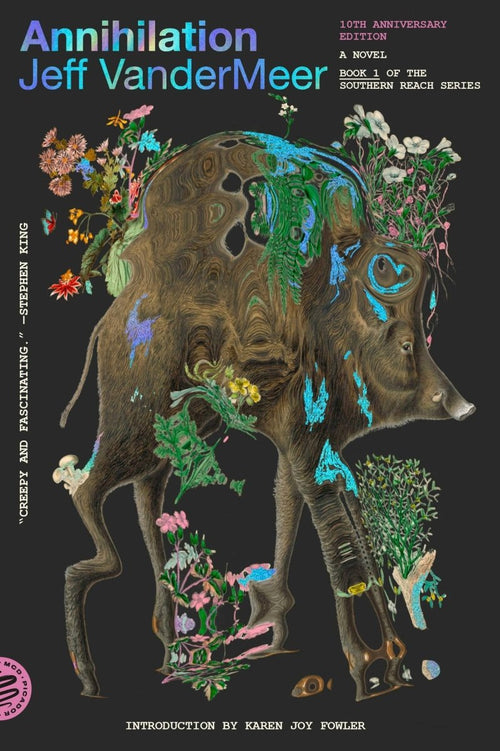 Book cover of 'Annihilation' by Jeff VanderMeer with a stylized illustration of a creature surrounded by plants on a black background.