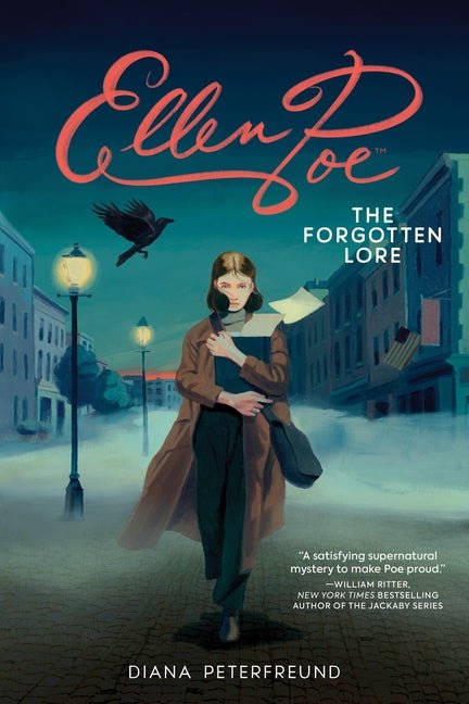 Book cover of 'The Forgotten Lore' by Ellen Poe with a woman holding books and a raven in an urban night setting.
