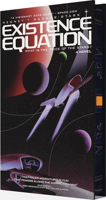 Cover of "Existence Equation" with a planet and moons with a 2 fighter jet space ships.