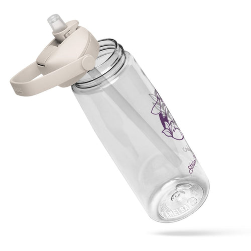 A clear plastic water bottle with a beige flip-top lid and a purple floral graphic printed on the side, shown against a plain white background.