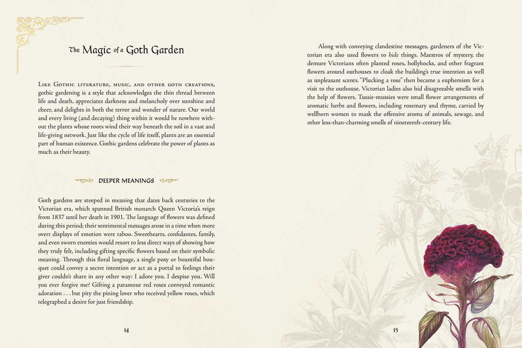 Book page with text and a decorative flower illustration on a floral background