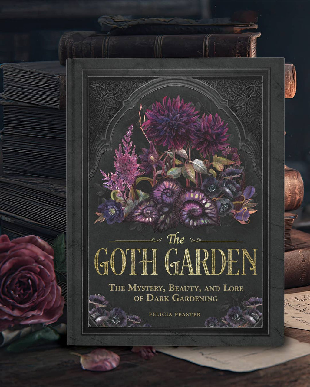 Book titled 'The Goth Garden' with floral design on a dark background