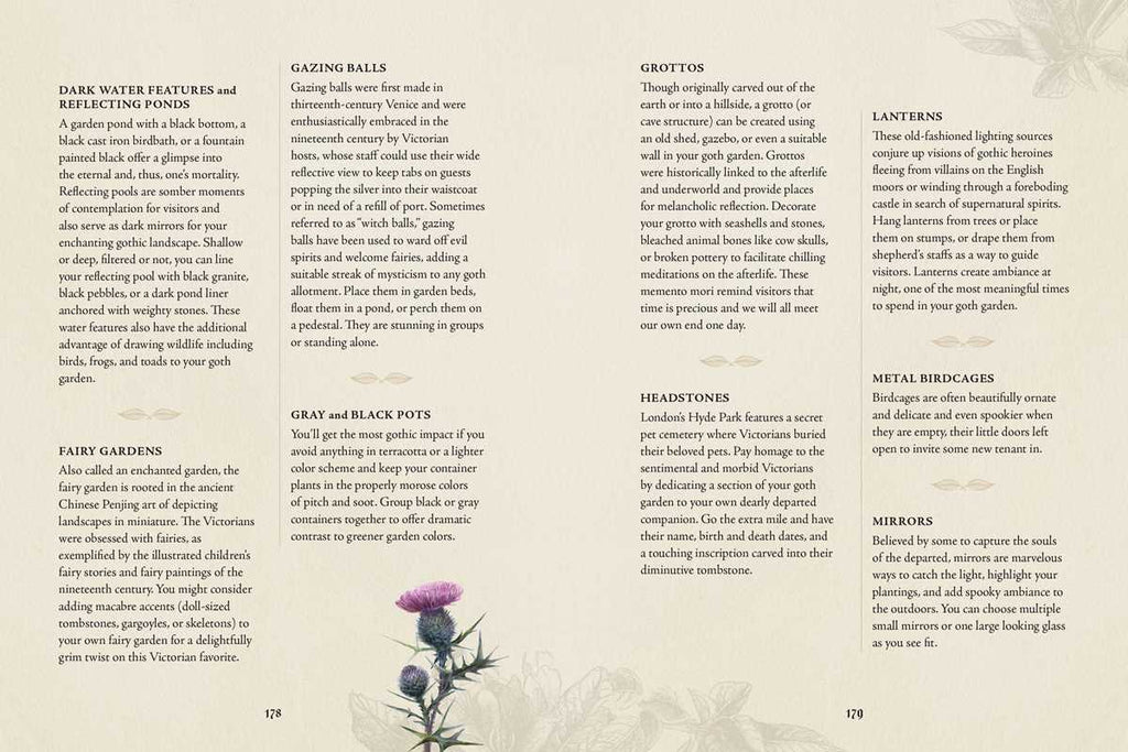 Page from a book with text and a small illustration of a plant on a textured beige background