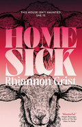 Front cover of the novel Home Sick by Rhiannon Grist. Two sheep heads stare at the viewer, set against a background that is dark on the top half and light on the bottom half.