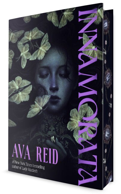 Book cover of 'Inamorata' by Ava Reid with a dark design and butterfly elements.