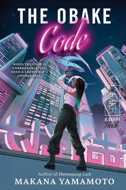 Book cover of 'The Obake Code' with a futuristic cityscape and a person standing in front.