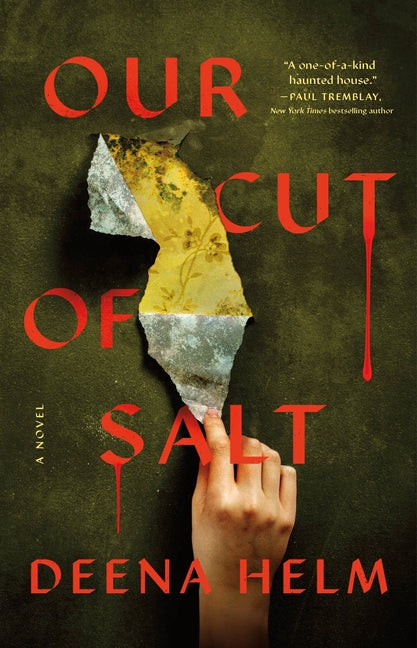 Book cover of 'Our Cut of Salt' by Deena Helm with a hand holding salt and a torn paper effect.