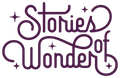 The words 'Stories of Wonder' are written in a stylized, retro purple script with small star accents on a solid dark green background.