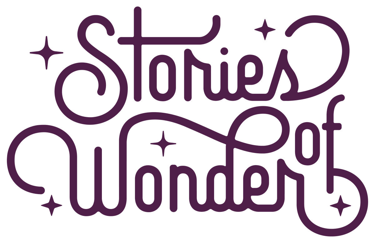 The words 'Stories of Wonder' are written in a stylized, retro purple script with small star accents on a solid dark green background.