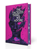 Vibrant pink book cover featuring a dark, swirling head silhouette with small black butterflies and a glowing void in the throat, illustrating the cover for The Faceless Thing We Adore by Hester Steel. This queer cosmic horror novel follows a woman escaping abuse to join a commune harboring eldritch secrets and a spreading island rot.