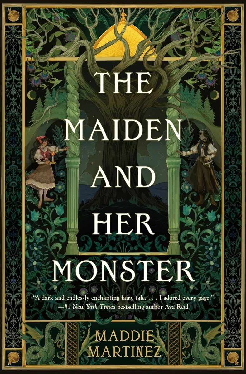 Book cover for 'The Maiden and Her Monster' by Maddie Martinez, featuring an ornate dark green and gold fantasy illustration with a large tree, two figures, and large white title text.