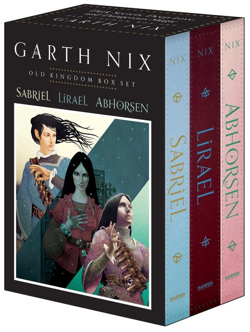 Box set of 'Sabriel', 'Lirael', and 'Abhorsen' books by Garth Nix with cover art on a black background.