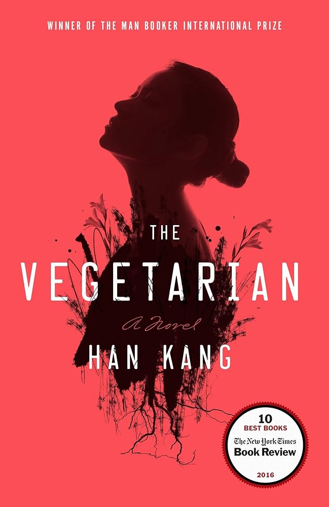 Book cover of 'The Vegetarian' by Han Kang with a silhouette of a woman on a red background.